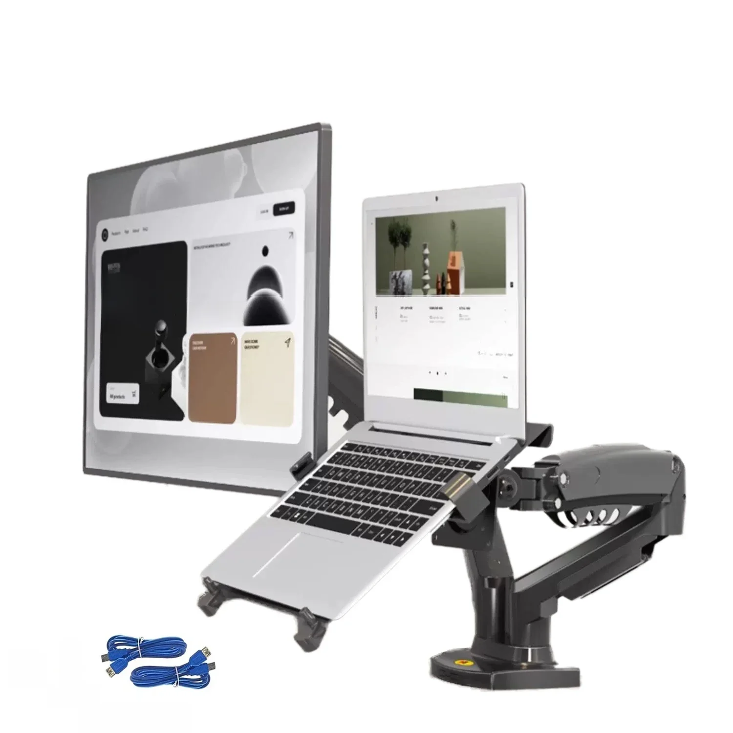 Uchwyt na laptopa z podwójnym monitorem i podwójnym ramieniem USB3.0 NB F160-FP ze sprężyną gazową do monitora 17"-27" + stojak na laptopa 10"-17" — zdjęcie 2
