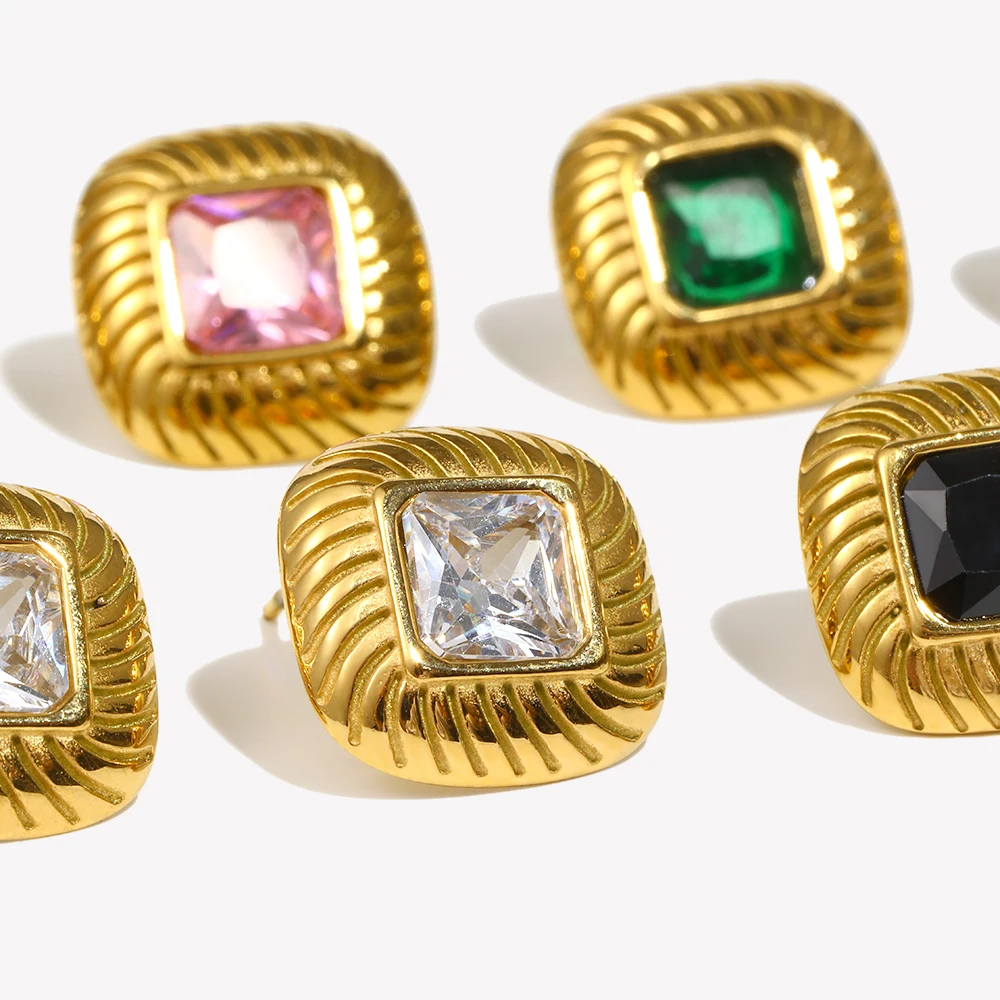 E.B.belle 2024 New Stainless Steel Small Square Texture Zircon Stone Stud Earrings Green Black Pink White Luxury Party Earring