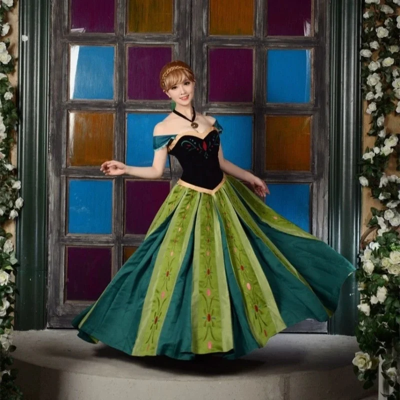 Nieuwe film ijs Anna prinses groene jurk kroning cosplay kostuum op maat gemaakte maat pak ketting voor Halloween spel - afbeelding 2
