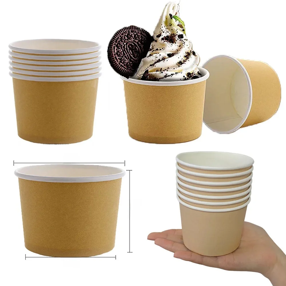 Tasse à crème glacée en papier Kraft de couleur unie, bol de collation à Dessert jetable, décor de fête d'anniversaire pour enfants, réception-cadeau pour bébé, 5/10/30/50/100 pièces