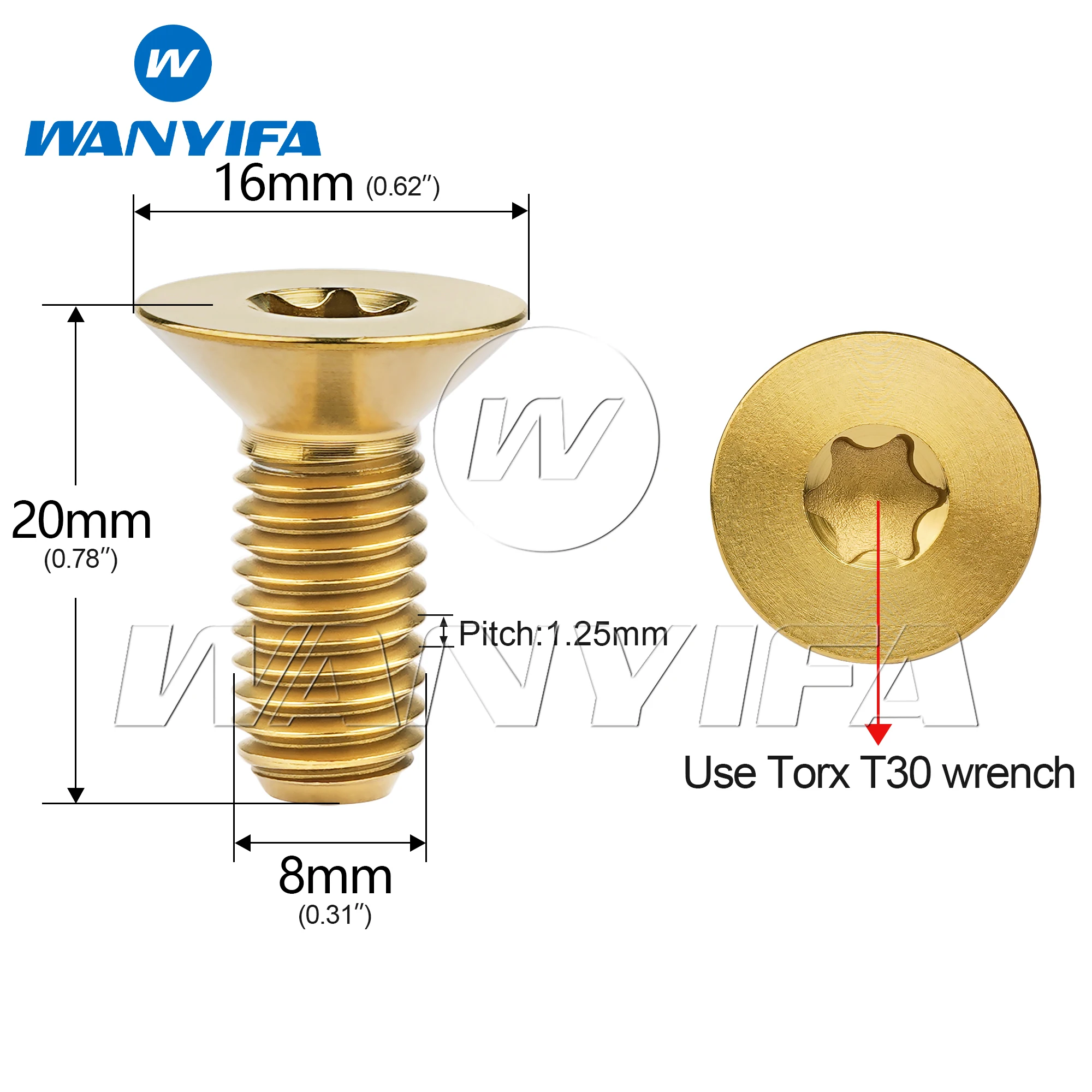 Wanyifa Titanium Bolt M8x20mm Flat Countersunk Torx T30 Head Screw for Bicycle Motorcycle Car Ti Fasteners