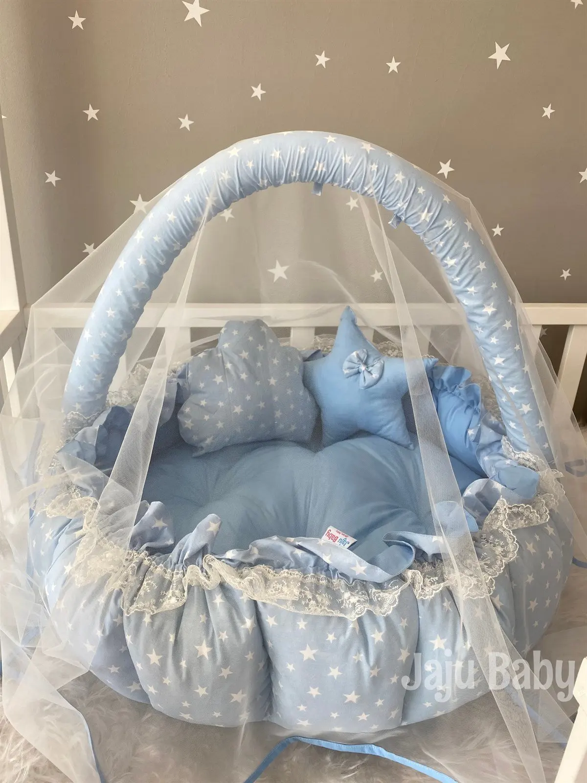 

Handmade Blue Star Patterned Design Luxury Play Mat Babynest Mosquito Net Tulle Toy Apparatus Set