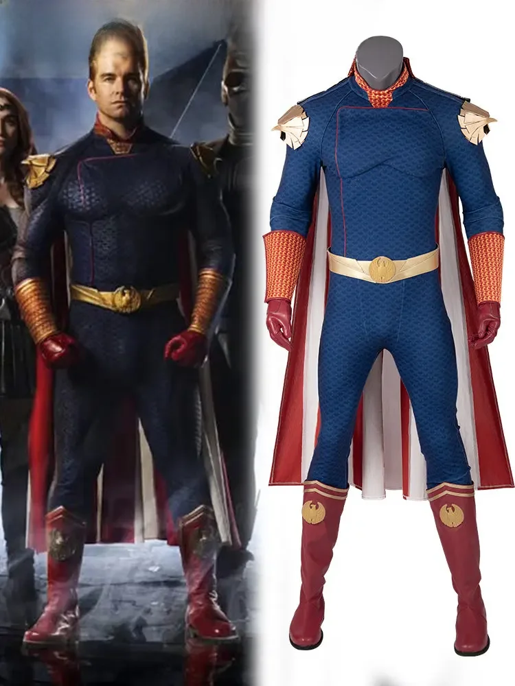 Auf Lager Die Jungen Homelander Cospaly Superhero Kostüm Erwachsene Halloween Kostüme Antony Starr Overall mit Mantel Schuhe Body