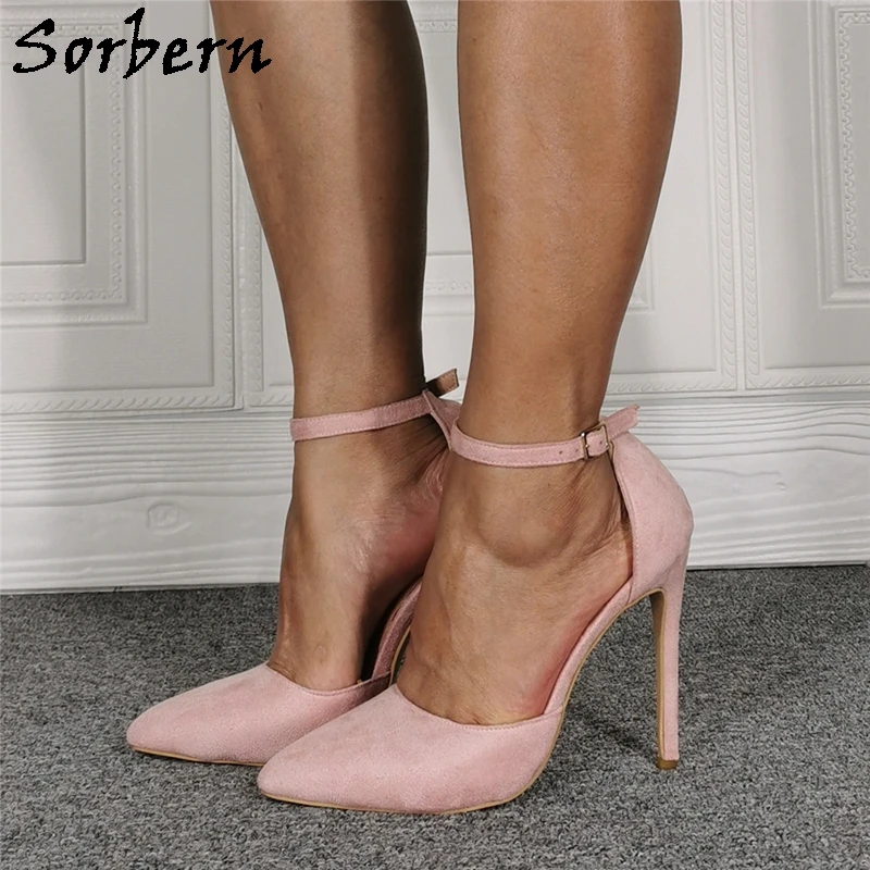 

Sorbern Blush Pink Ladies Pump Shoe High Heel Ankle Straps Stilettos Cute Shoes For Women Sissy Boy Crossdresser Size EU 33-48