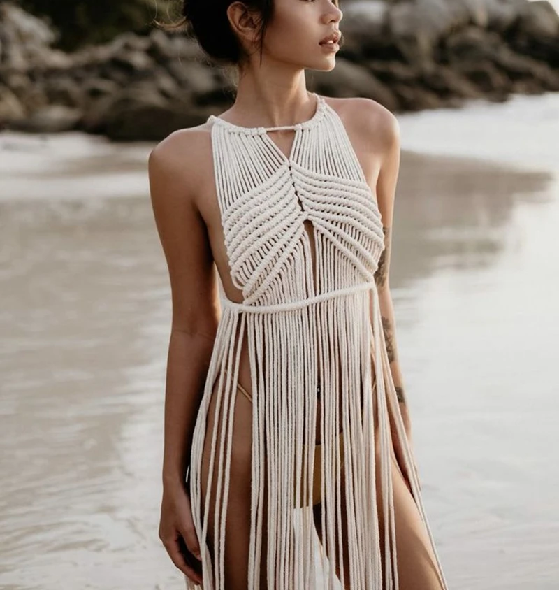 

Women's Tassel Crochet Bikini Cover Up, Sexy Sleeveless fishnet Fringe Boho Beach Mini Dress, Knit Swimsuit Sarong Outfits