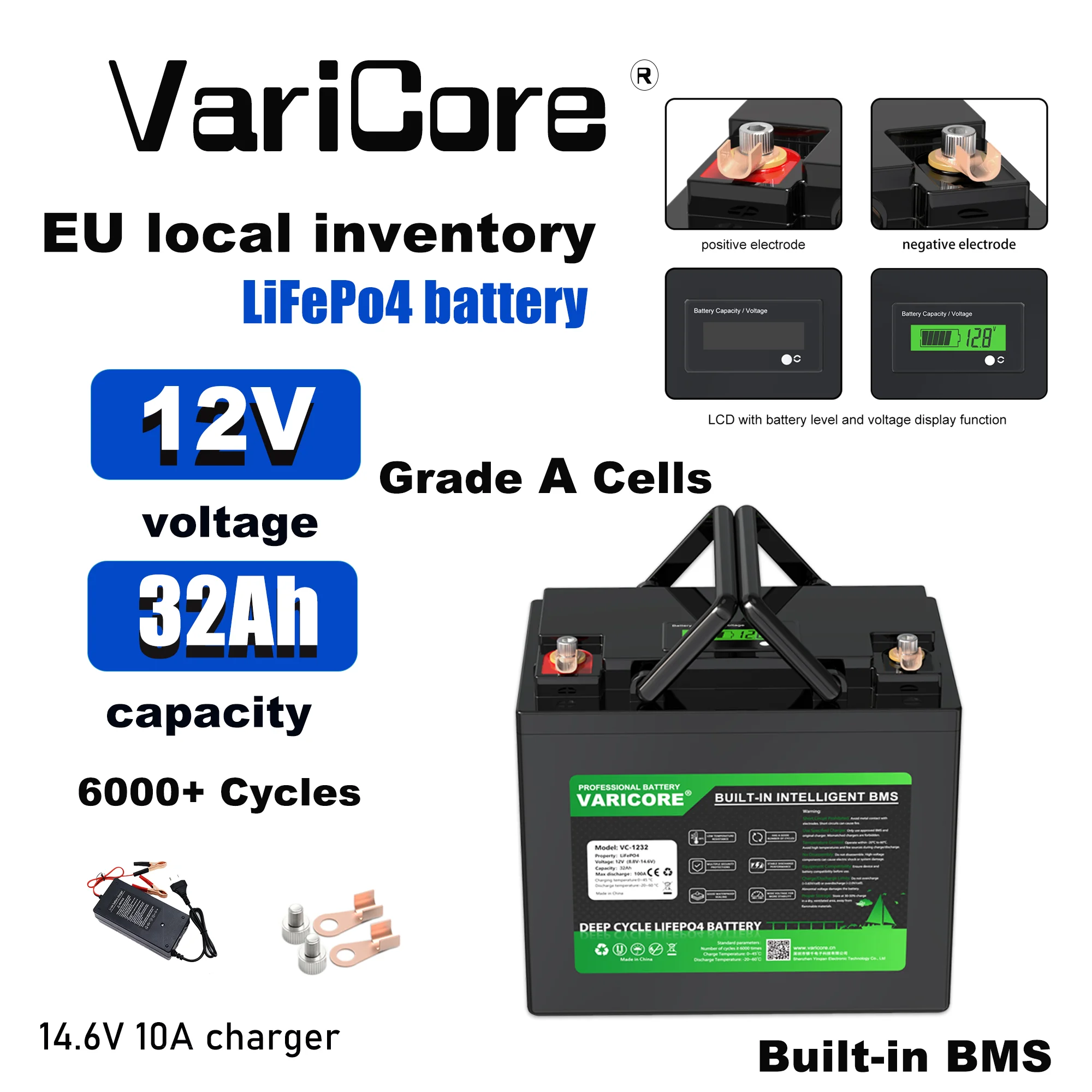 Batteria al litio ferro fosfato Varicore 12,8V 32Ah Lifepo4 con BMS per golf cart, camper, campeggio, energia solare