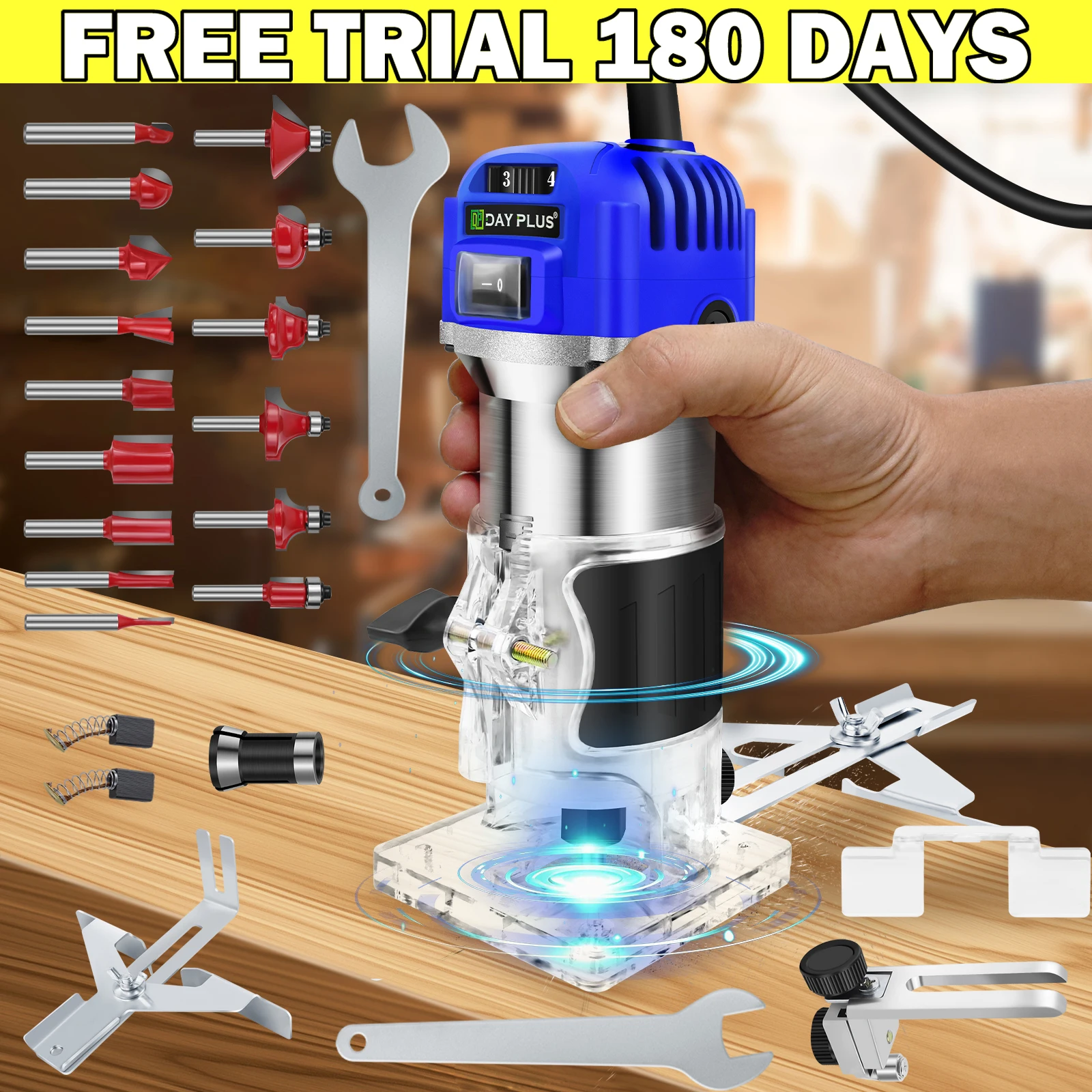 2000W Holzfräser, 6-stufiger elektrischer Handfräser – 1/4″ Spannzange, 15-teiliges Hartmetall-Bit-Set – Für Holzbearbeitung, Kantenbearbeitung, Schlitzfräsen