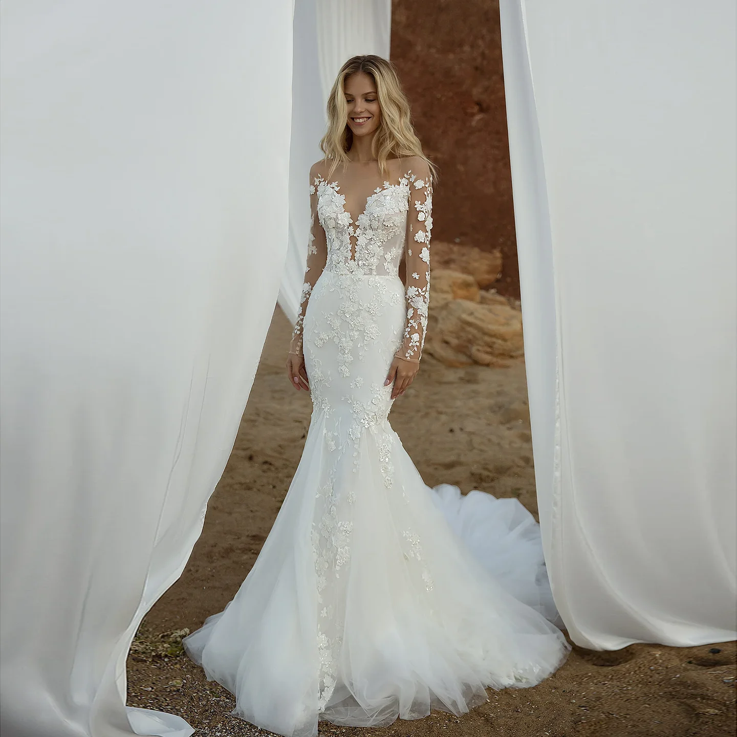 

Шарон Саид сексуальное белое свадебное платье русалки с длинными рукавами 2025 элегантное тюлевое платье невесты с корсетом и аппликацией SW489 по индивидуальному заказу