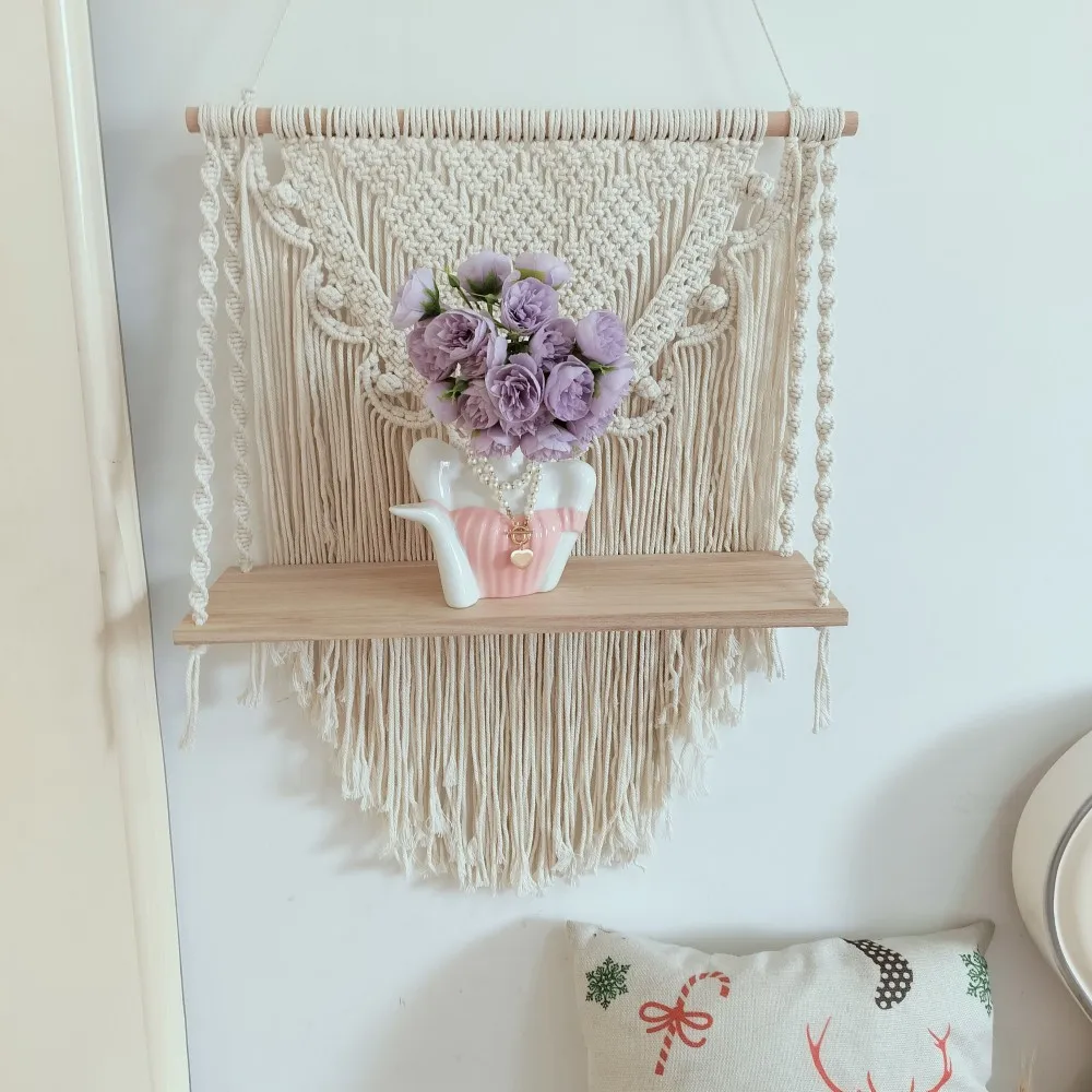 

Hanging Macrame Floating Shelf Boho Plant Wall Hanger Cream White Color Macrame Seashell Patterns Bedroom Living Room Wall Shelf
