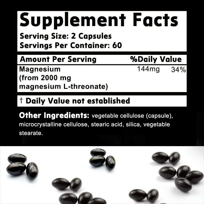 Magnesium L-Threonate - Promotes Brain Health, Enhances Memory and Concentration, and Improves Sleep Quality - 120 Capsules