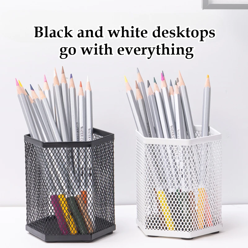 Deli PK910 Iron pen holder hollow desktop storage bucket Student multi-functional office black color round square pen holder