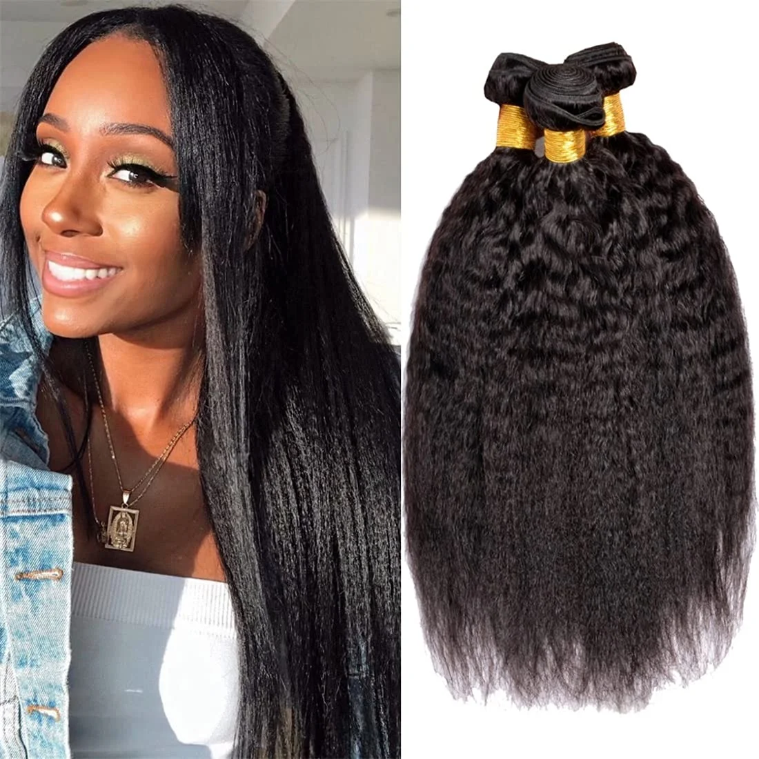 Kinky Straight 100% Human Hair Bundles Brazilian virgin hair Natural Black Yaki Straigh Brazilian Virgin Remy Hair Unprocessed