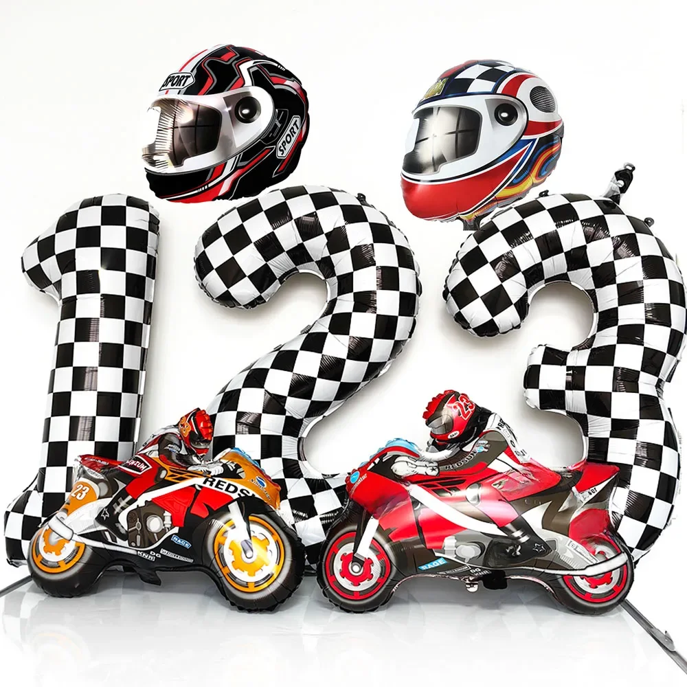 AliExpress Dirt Bike Party Decor Motorbike Shaped Foil Balloon Motocross Helmet Balloon Checkered Flag Party