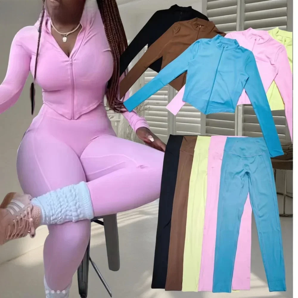 FAGADOER Candy Color Sporty 2pcs Sets Outfits Quality Stretchy Tracksuit Female Workout Streetwear Jacket + Leggings Pants Suit — zdjęcie 2