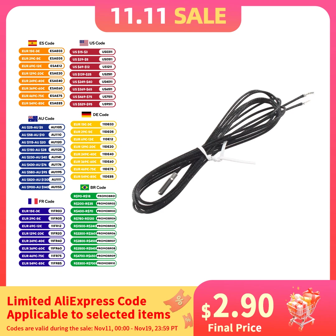 PT1000 مسبار 3 مللي متر * 15 مللي متر حتى 450 درجة RTD 1 متر مستشعر المقاومة الحرارية البلاتينية للطابعة ثلاثية الأبعاد بركان/V6 كتلة سخان #1