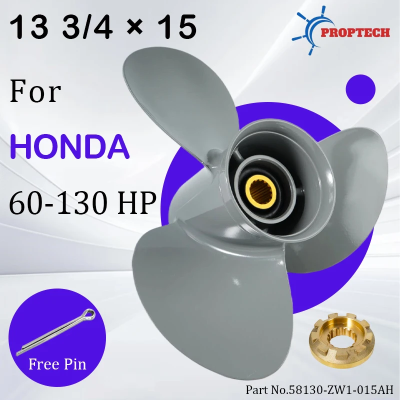 Hélice Marítima para Motores Honda 60 75 90 115 130HP, 13 3/4x15, Liga de Alumínio, 3 Pás, 15 Estrias, Acessório para Motores de Popa