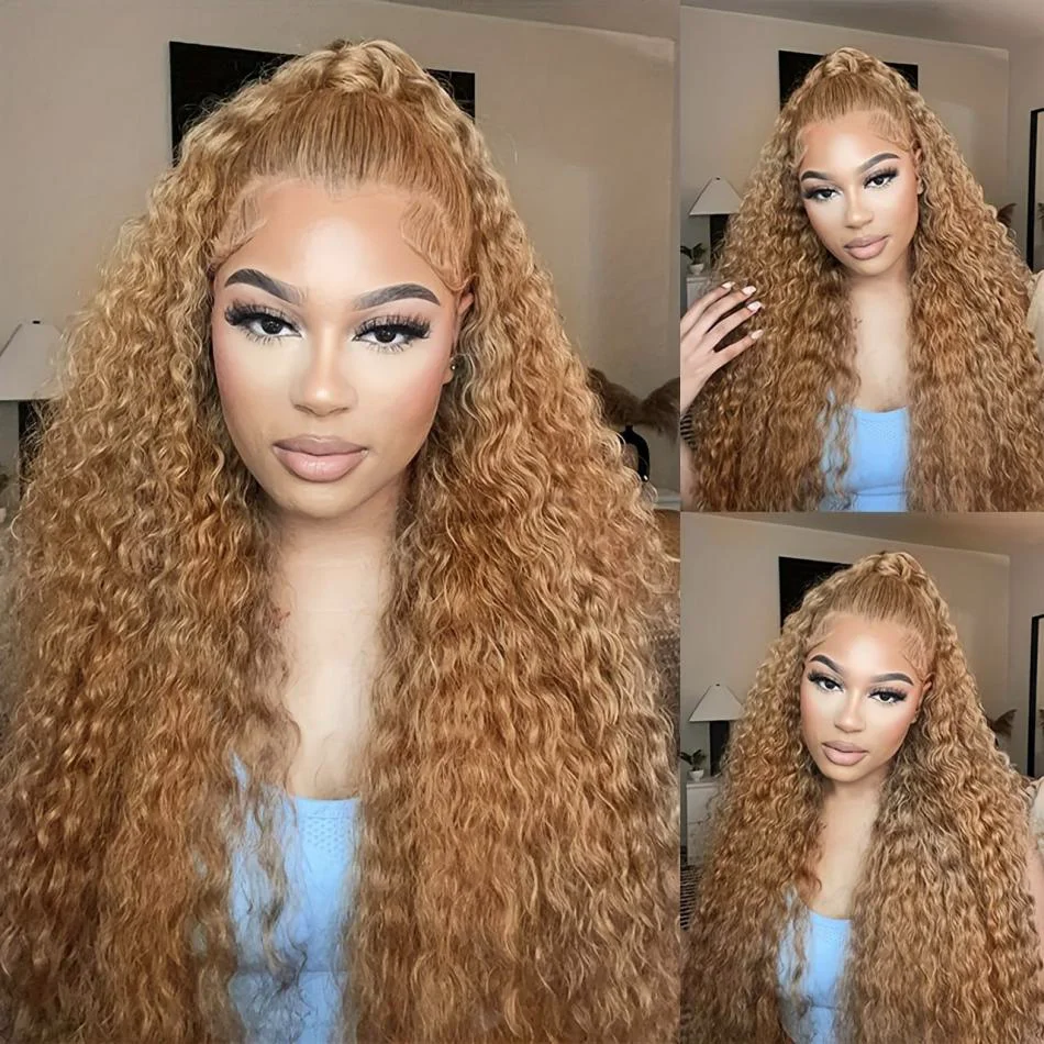 Wiggogo #27 Honey Blonde Lace Front Wig 13X6 Deep Wave Frontal Wig Curly 100% Human Hair 13X4 Colored Preplucked Brazilian Wig image 3