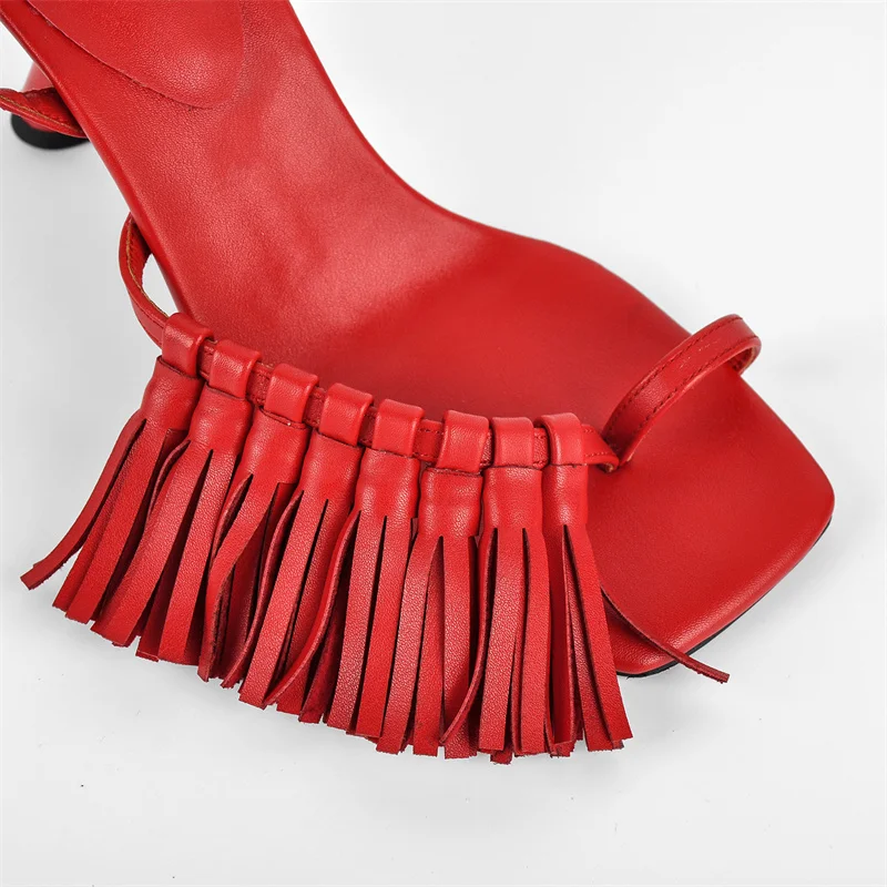 Onlymaker Women Open Toe Tassel Trim Curved High Heel Sandals High Heel Buckle Ankle Straps Stiletto Party Sandals image 6