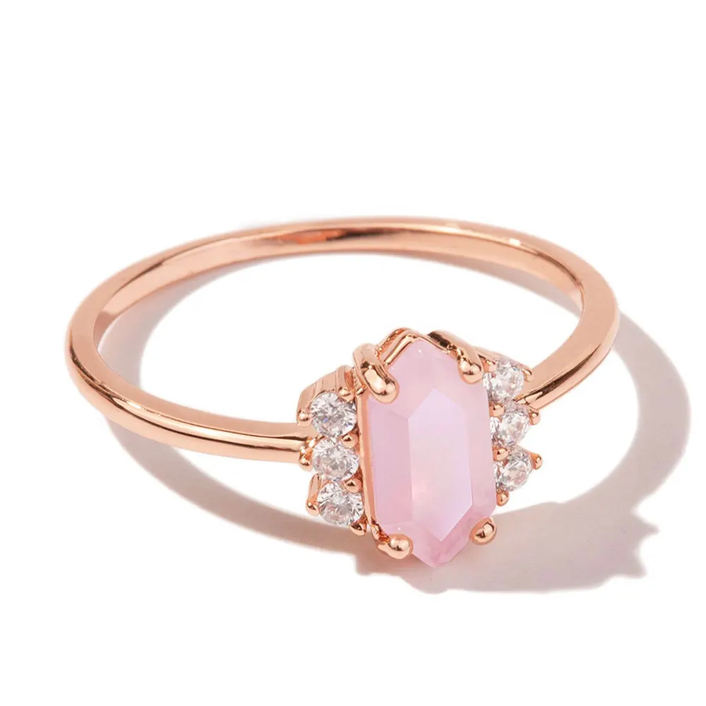 Fine Jewelry Hexagon Natural Pink Rose Quartz Jewelry S925 Silver Women Green Agate Ring Wedding Gifts