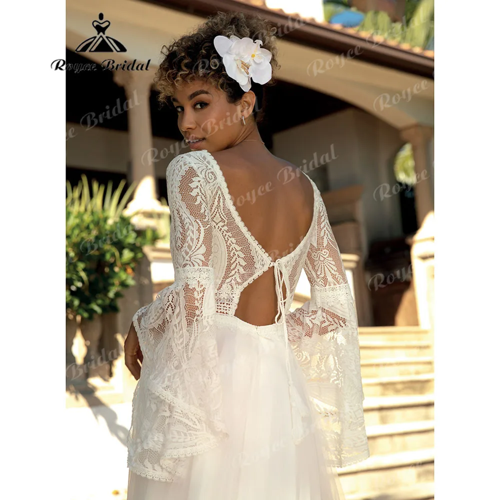 robe de mariee boheme Long Sleeve Lace Boho V Neck Wedding Dress for Bride 2024 Backless Women Beach Wedding Gown Custom Made