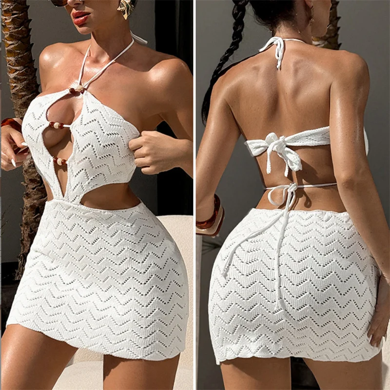 Frauen Halter-Backless Lace Up Perlen Strickkleid Strand Sheer Häkeln Bikini Cover-Up Sexy Tunika Sommer Bademode Weiblichen Badeanzug