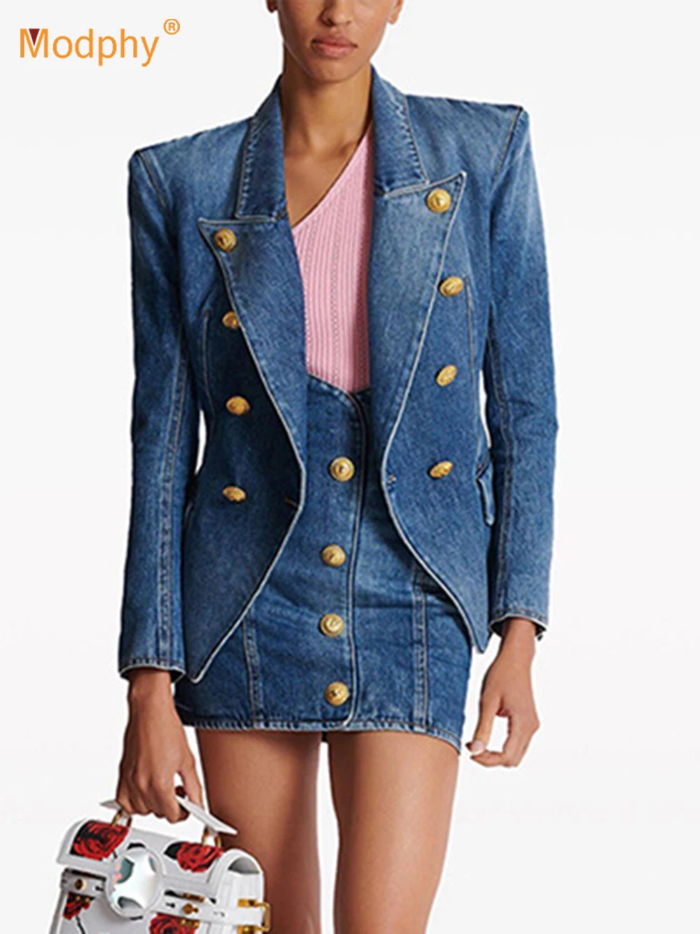 Modphy High Quality Women\'S Double Breasted Slim Fit Denim Blazer Long Sleeve Jean Jacket High Waisted Pencil Mini Skirt Set