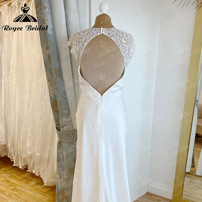 Boho simples vestidos de casamento para as mulheres 2023 noiva sereia o pescoço sexy sem costas manga curta boné renda apliques varredura vestidos de