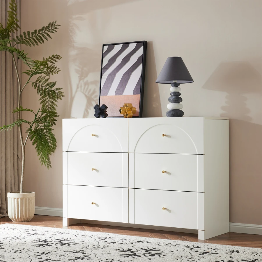 Commode à 6 tiroirs – Commode blanche avec portes pour salon et chambre, dimensions : H 82 cm / L 120 cm / P 40 cm