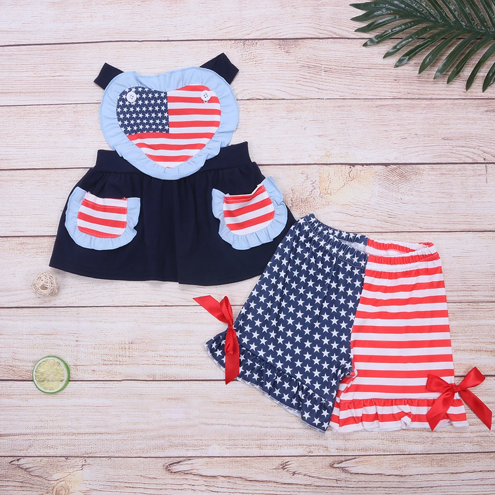 

Independence Day Baby Girl Clothes Set 2pcs Cotton Clothing National Flag Suit Lace Bodysuit Toddler T-shirt Outfits 1-8T Shorts