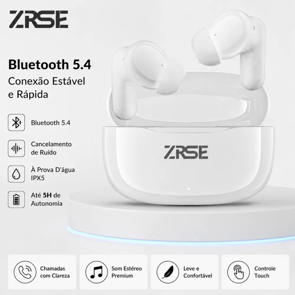 Fones de Ouvido Bluetooth 5.4 Sem Fio Intra-auriculares Impermeáveis com Cancelamento de Ruído e 5H de Autonomia TWS Esportivos