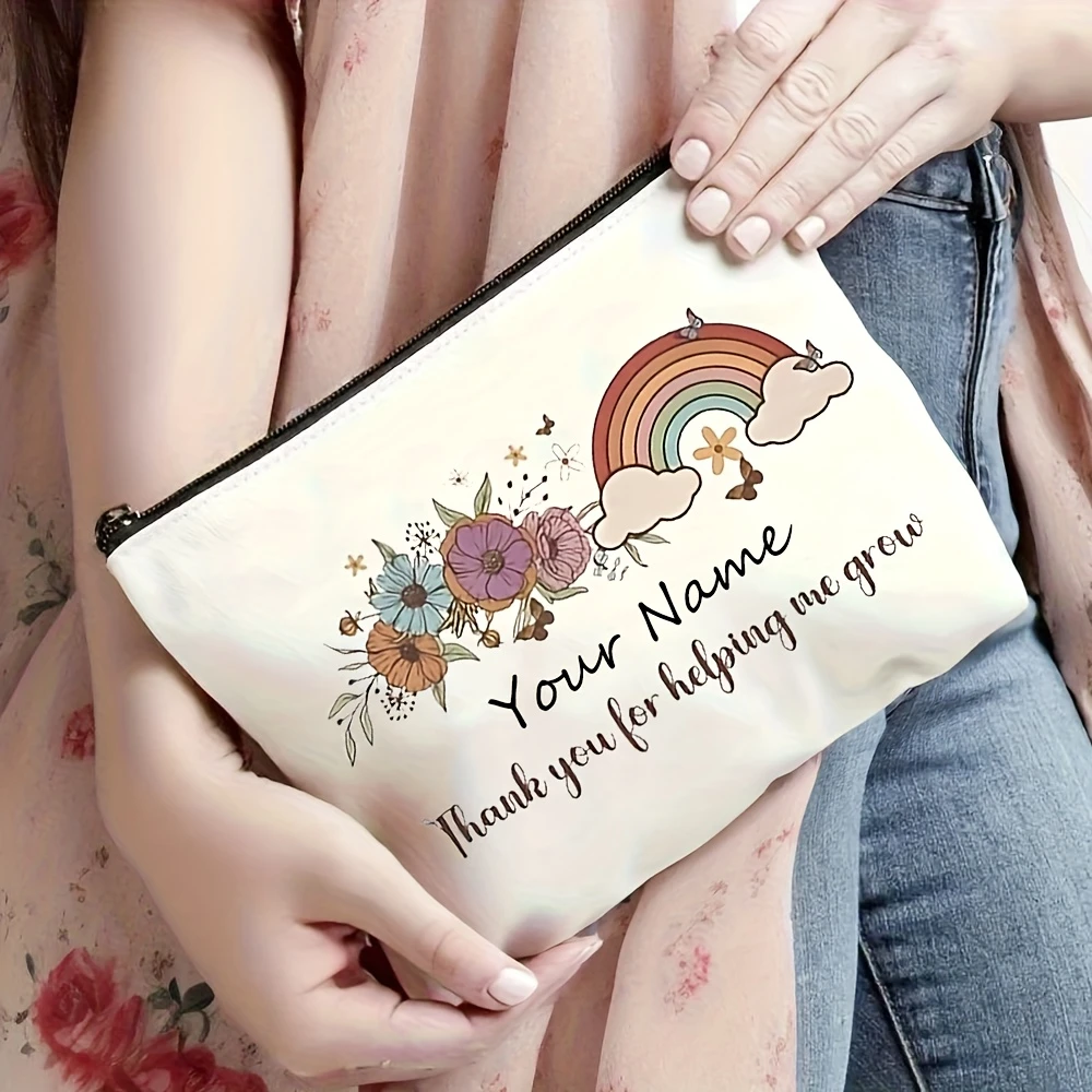 Custom Name Floral Rainbow Teacher Makeup Bag Large Washable Foldable Open Top Pouch Travel Shopping Party For Teachers
