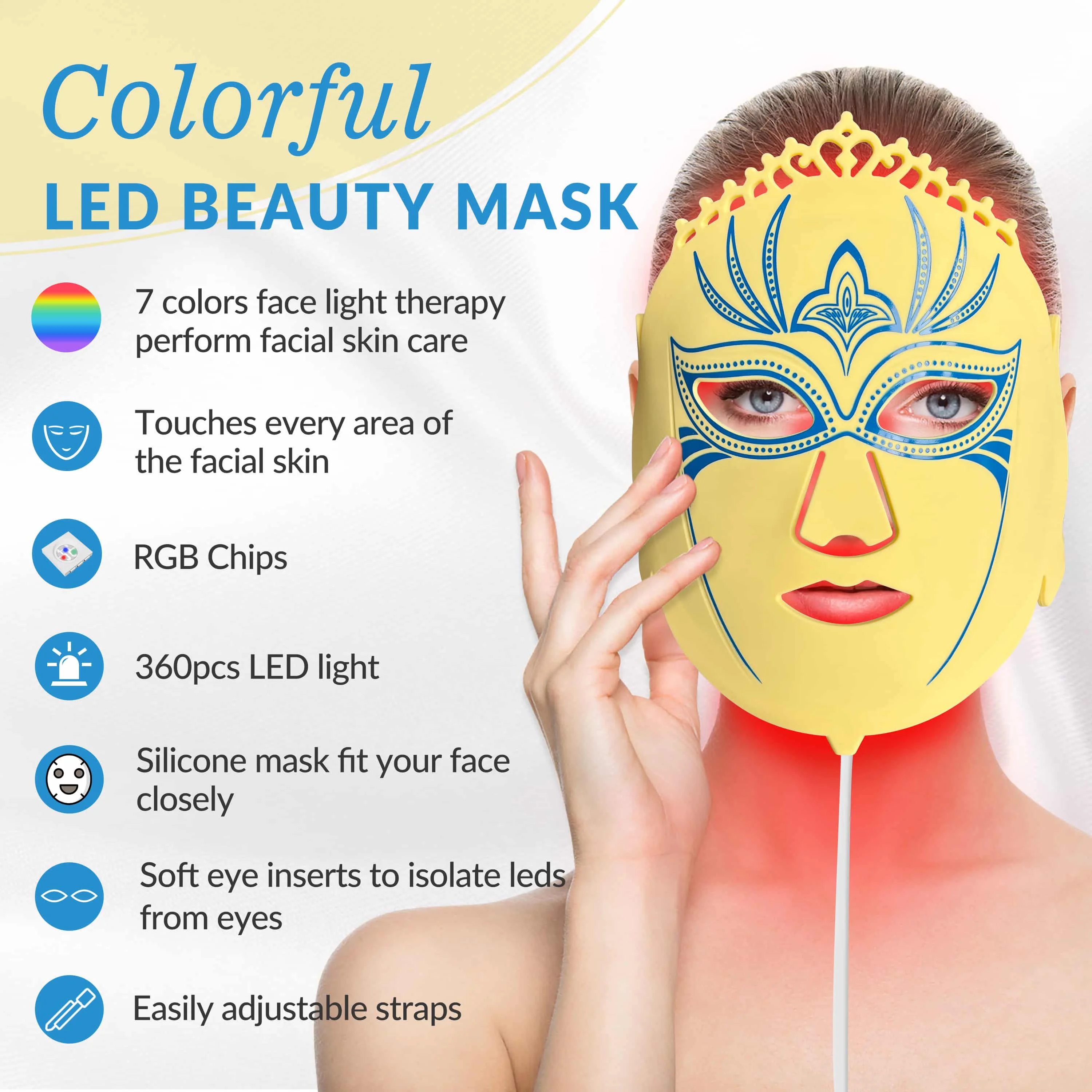 Dawfek Máscara de terapia de luz roja de 7 colores 360 Chips Máscara facial LED Terapia de luz Terapia de luz roja para reparación facial Piel dañada