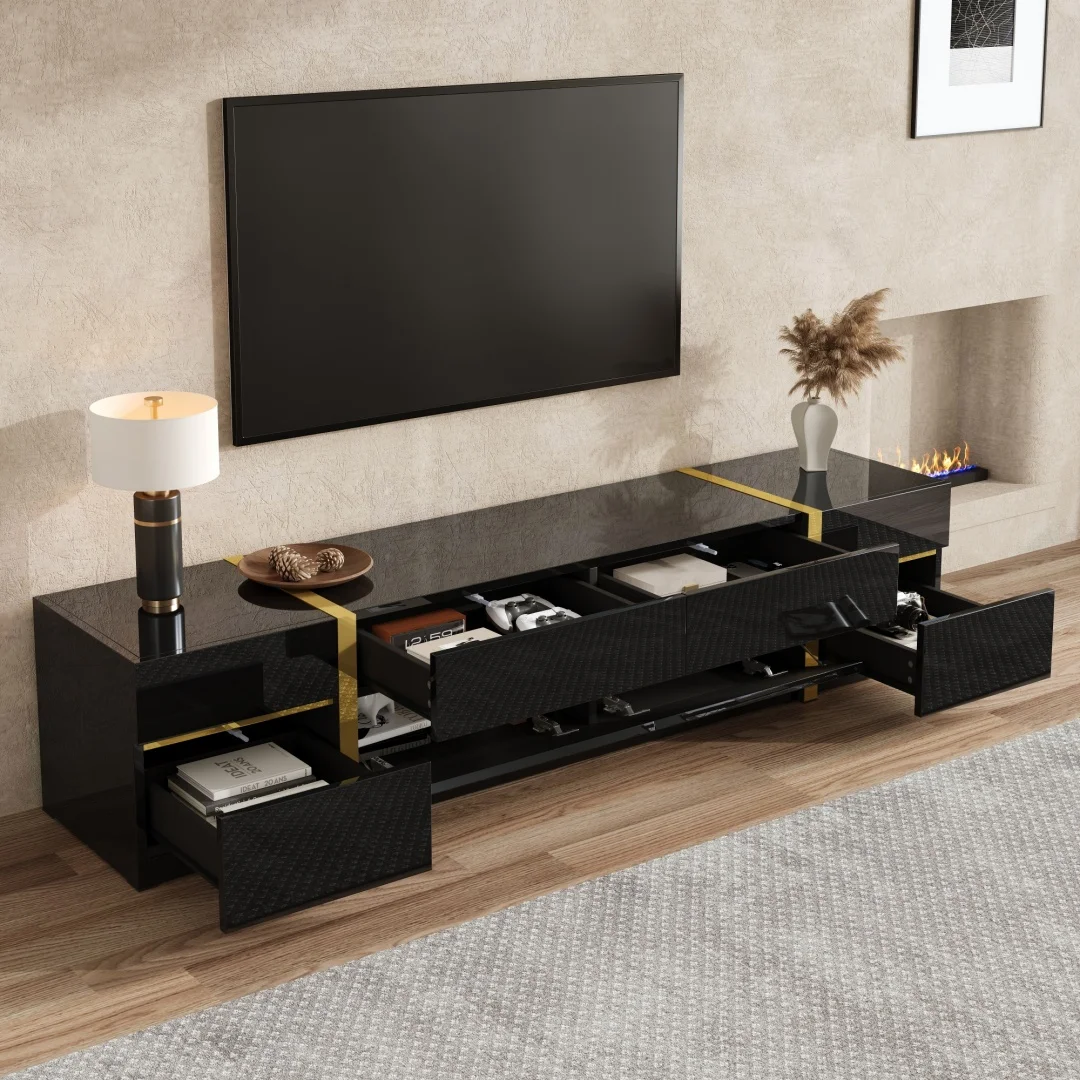 Luxueuze tv-meubel, tv-kast, hoogglans afwerking, goudkleurige randen, met laden en deuren, moderne stijl, biedt veel opbergruimte.