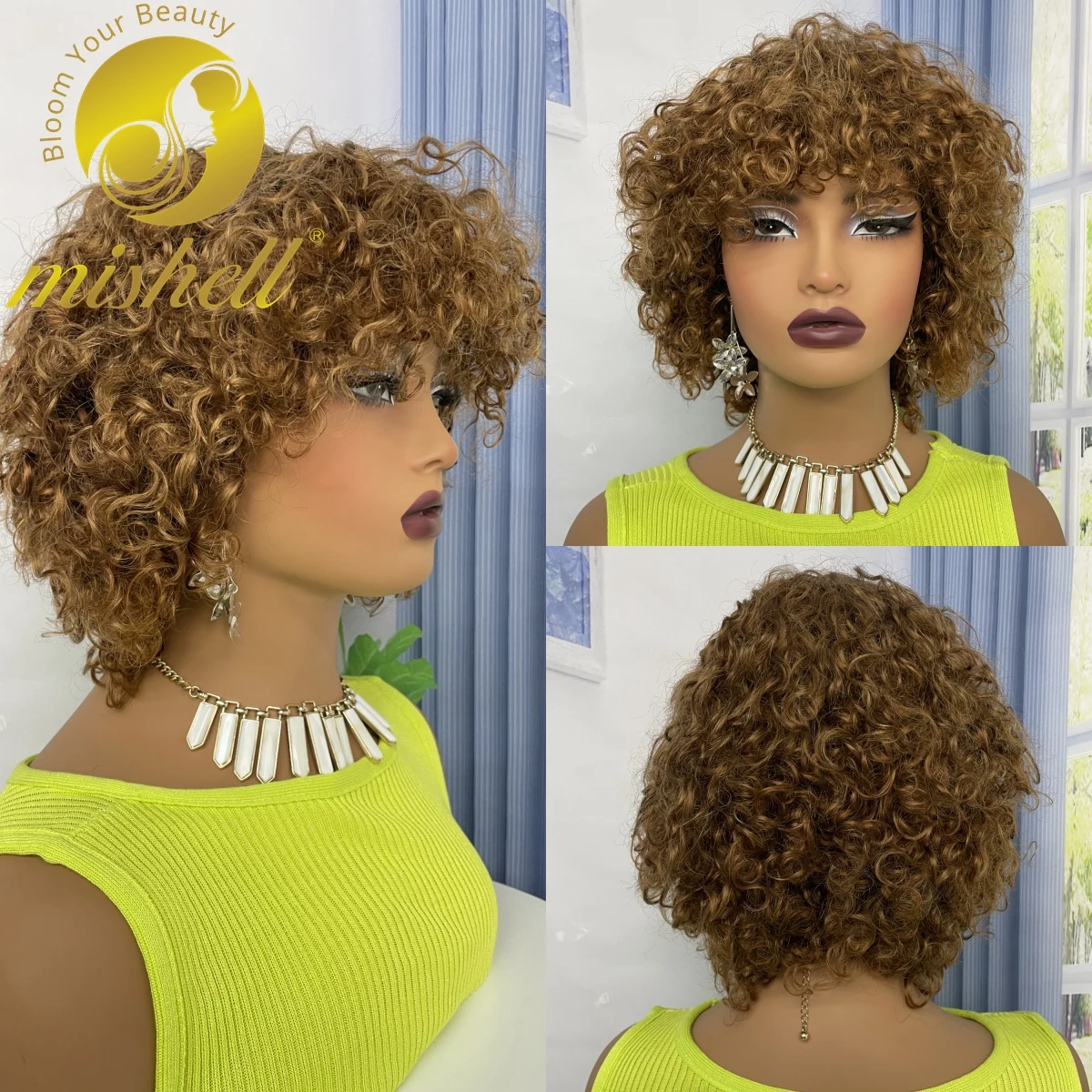 

Full Machine Made 30# Highlight Water Wave Human Hair Wigs with Bangs 12inch Short Jerry Curly Bob Wigs for Women 200% Density