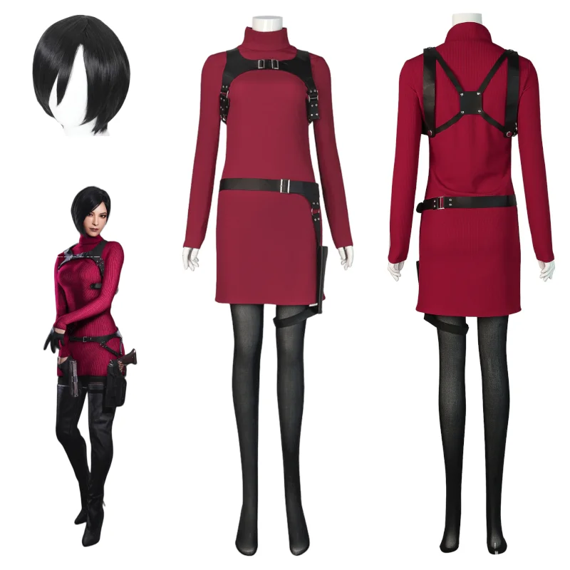 

Resident Evil Ada Wong Cosplay Costume, Ada Red Turtleneck Dress Outfit With Wig, Female Spy Agent Outfit for Halloween Party
