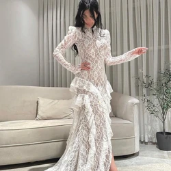 Meetlove Customized Full Sleeves Prom Dresses Floor-Length Lace Court Stain Zipper Up Wedding Party Women A-Line Grace 2023