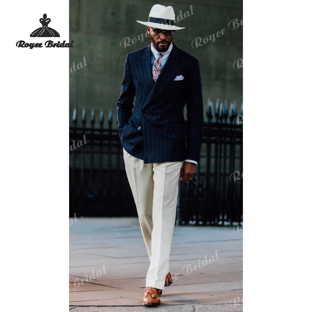 Granatowy garnitur męski dwuczęściowy w paski, dwurzędowy, na ślub 2026, klapy ostre, krój slim fit, garnitur biznesowy, costume homme mariage