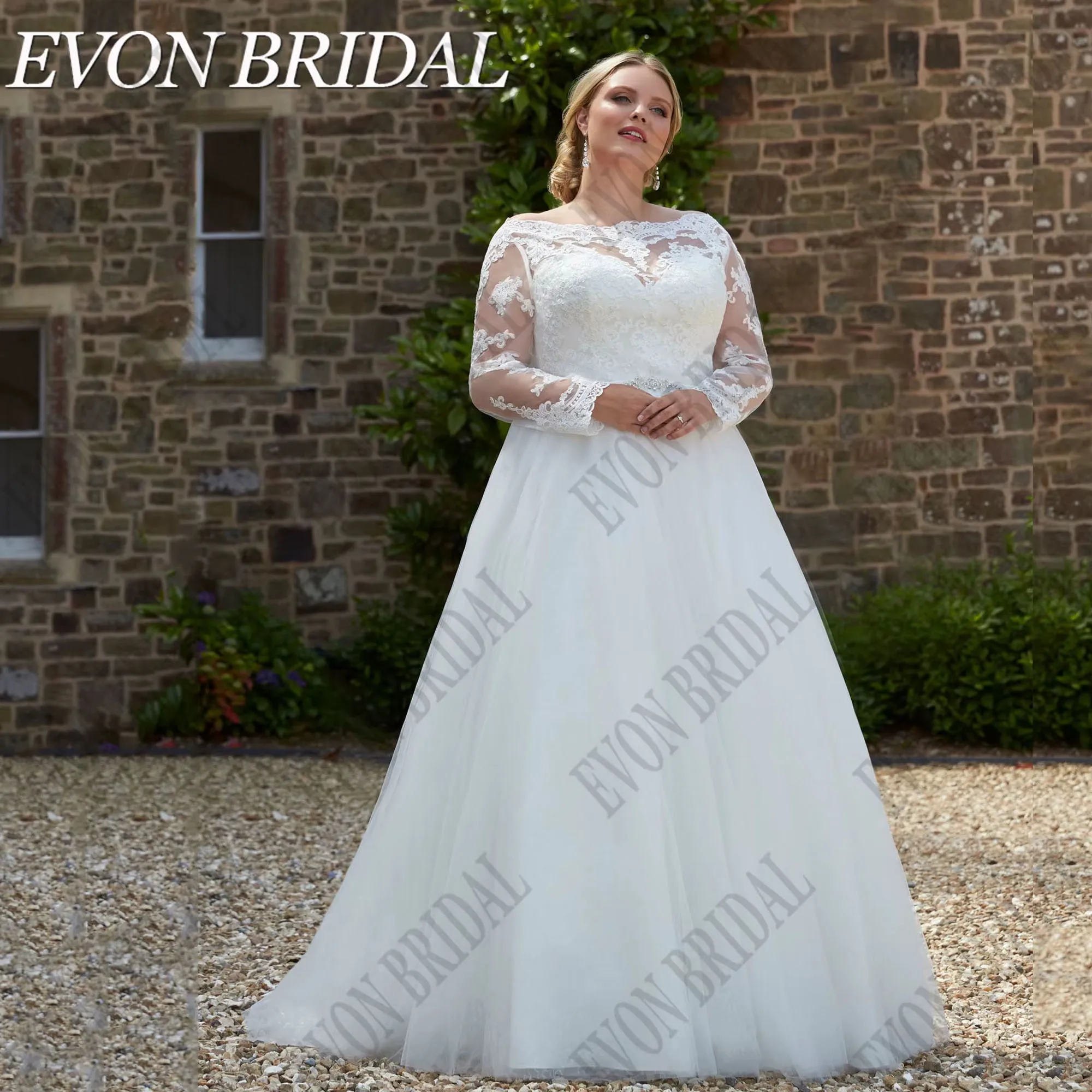 

Plus Size Boat Neck Wedding Dresses Long Sleeves Off Shoulder Bride Gowns A-Line Muslim Vestidos De Novia EVON BRIDAL Customized