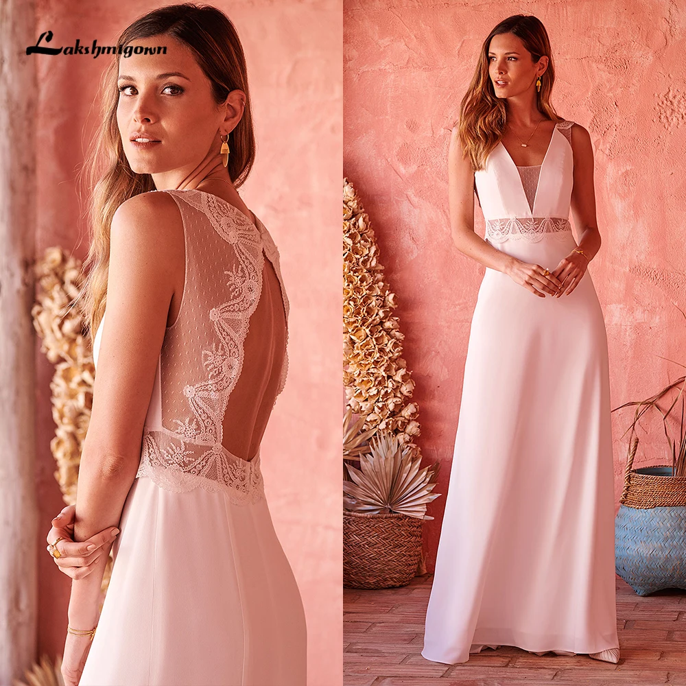 Boho Deep V Neck Off The Shoulde Sexy Open Back Lace Top Chiffon A Line Wedding Dress For Women Bridal Gowns Vestidos De Novia