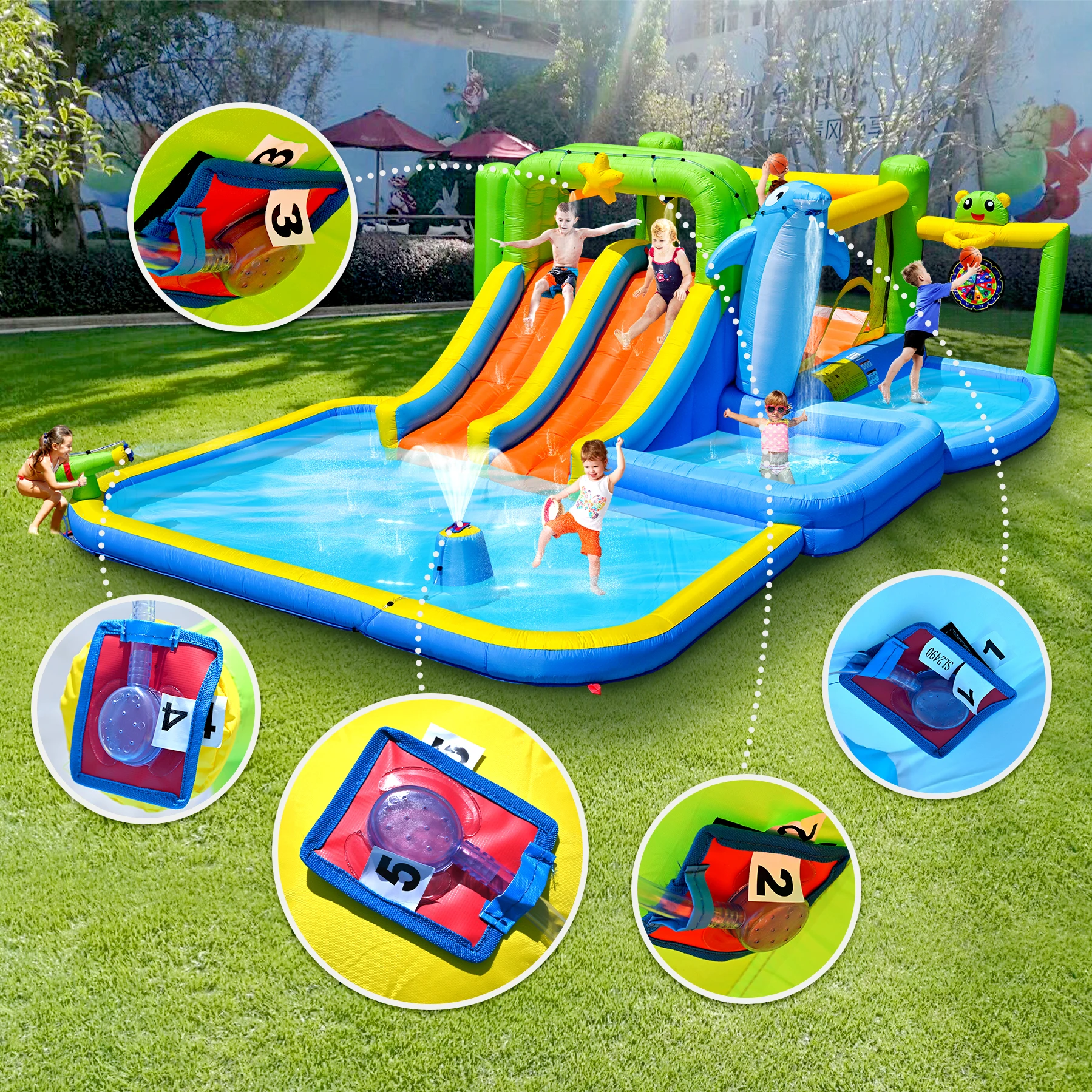 Endless Fun: Inflatable Bouncy House for Kids with Hair Dryer, Shower, Soaking Pool, Sprinkler, Fountain, Water Gun, and Slide