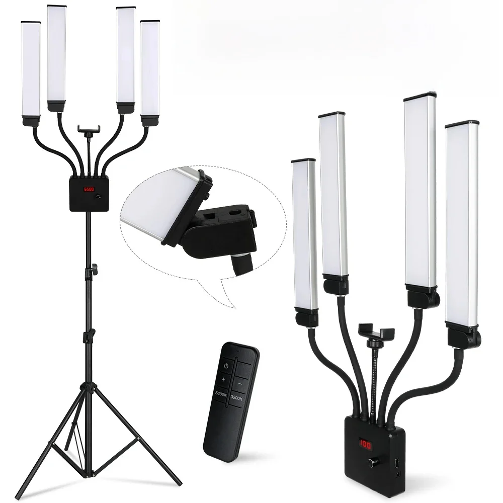 Profesjonalna lampa podłogowa LED z czterema ramionami, 80W, do fotografii, wypełniania światłem, transmisji na żywo, nagrywania wideo, tatuażu brwi i makijażu. — zdjęcie produktu 7