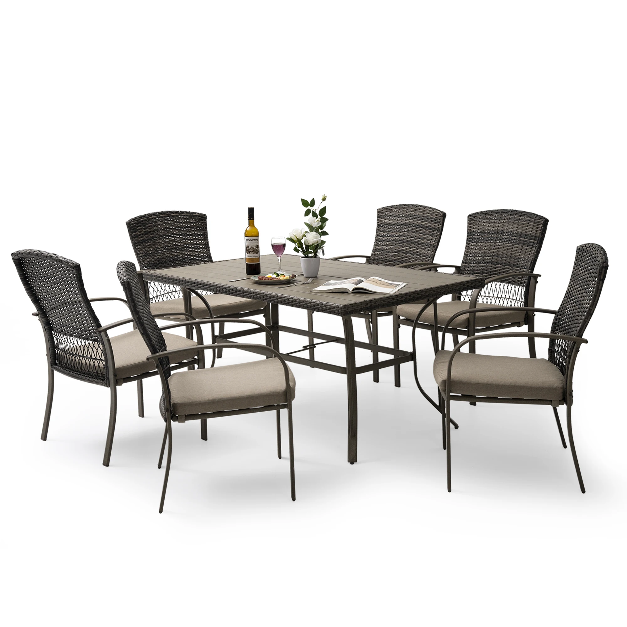 

Patio Dining 7 Piece, Outdoor Wicker Furniture Set for Backyard Garden Deck Poolside/Iron Slats Table Top, Removable Cushions