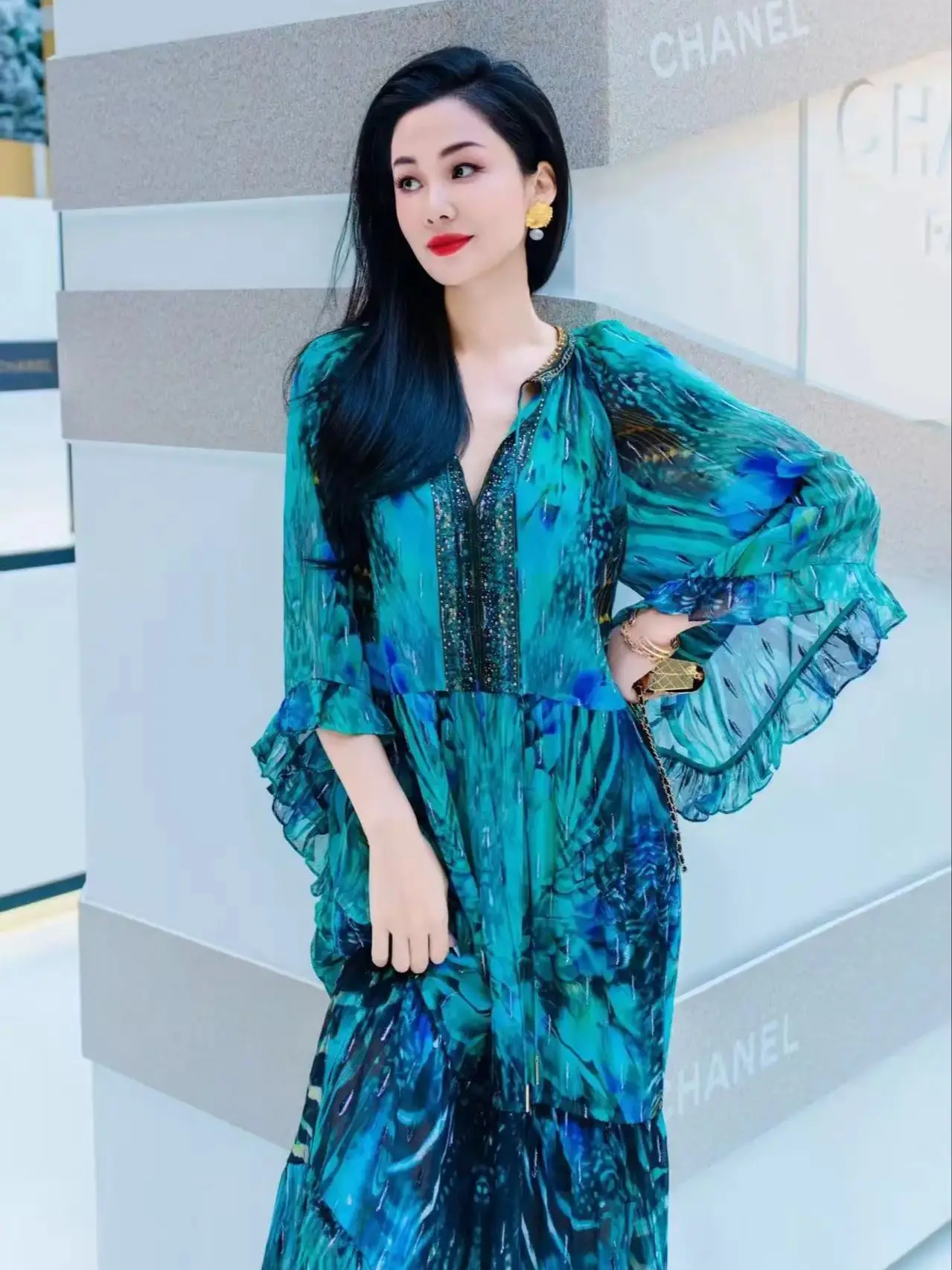 エレガントで豪華なボヘミアン風サマーロング100％シルクドレス