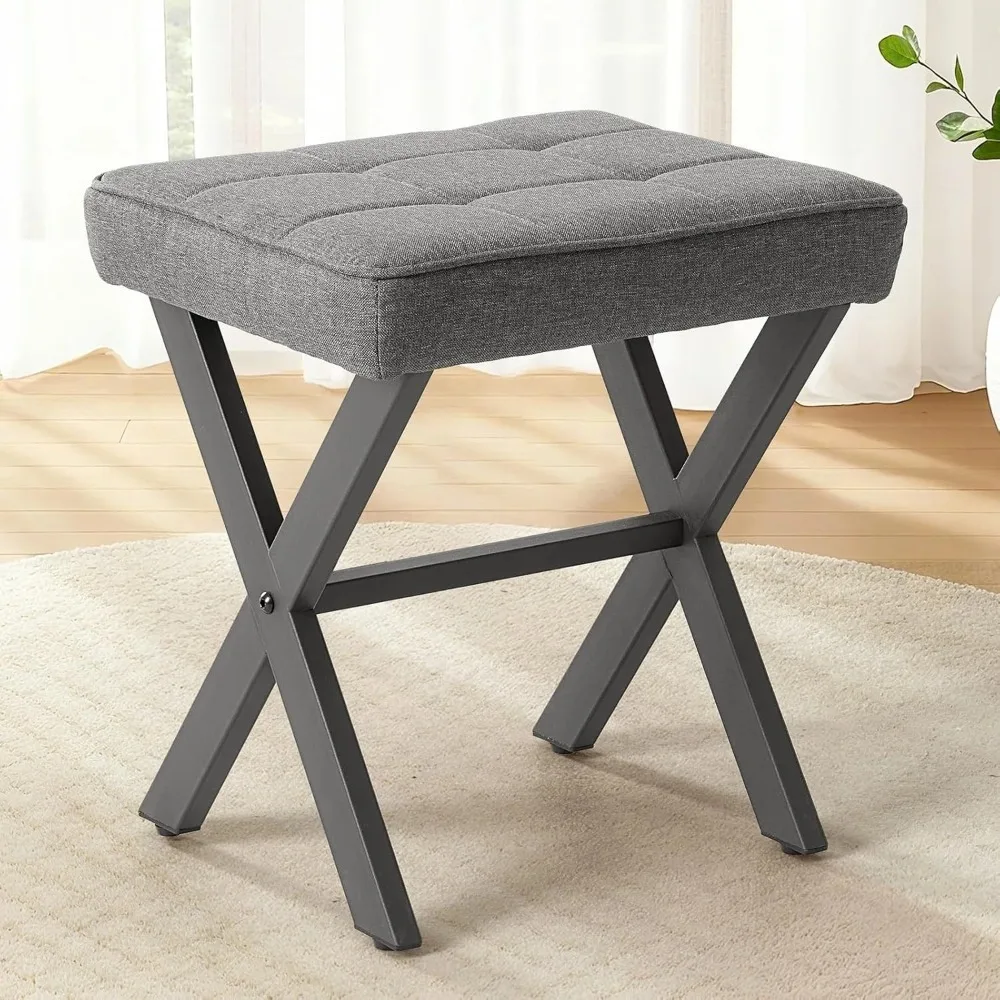 

Vanity Stool Ottoman Square Linen Makeup Stool Metal X Leg Small Footstool Chair