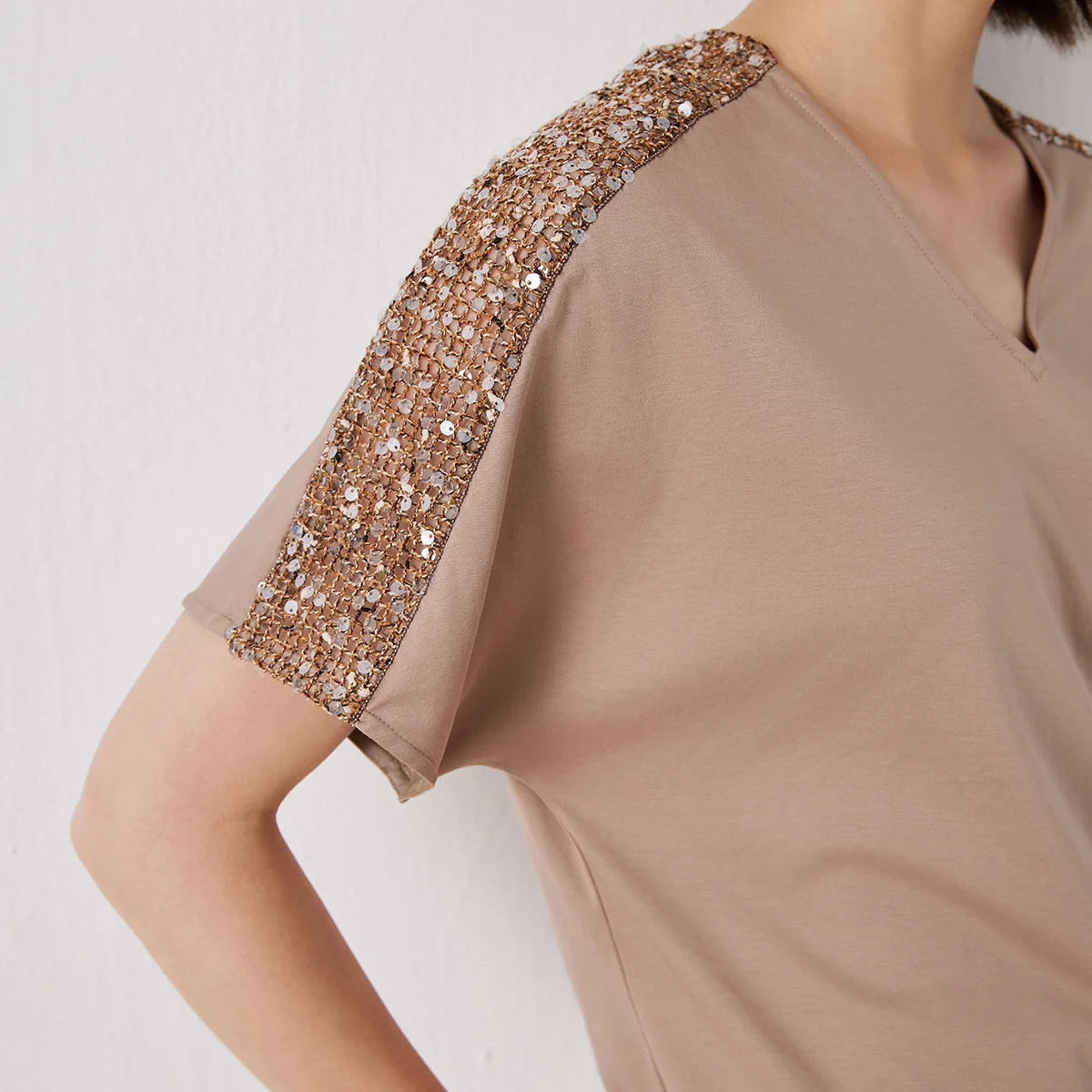 K3197X Designer 100% Cotton T-Shirt Women Sparkling Sequin Patchwork Short Sleeve Top Elegant Slim Tee