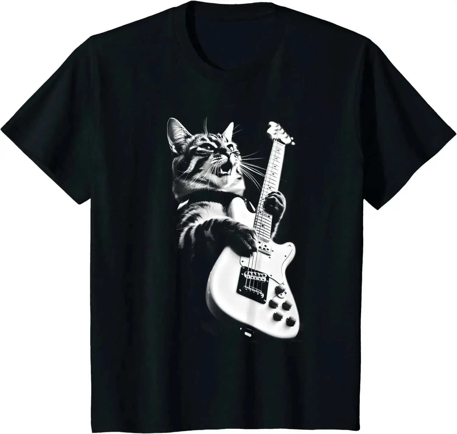 Camiseta de Rock Cat Playing Guitar para hombres y mujeres, camisa de gran tamaño, hip hop, informal, algodón, diario, cuatro estaciones, ropa de