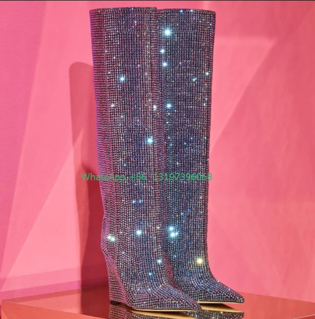 

Lady luxury blue rhinestone wedge heel knee boots sexy pointed toe bling bling demand design boots punk daily dress boots size