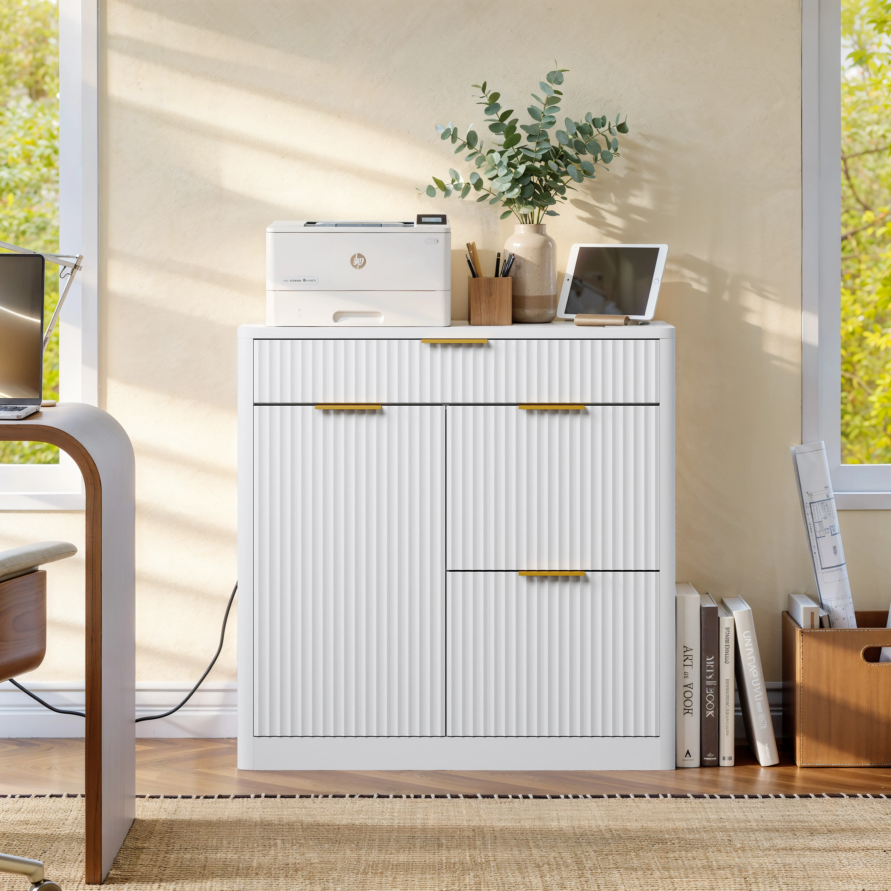 Fluted Office File Cabinet with Charging Station Mixed Drawers & Doors Storage Cabinet with Adjustable Shelves for Home Office
