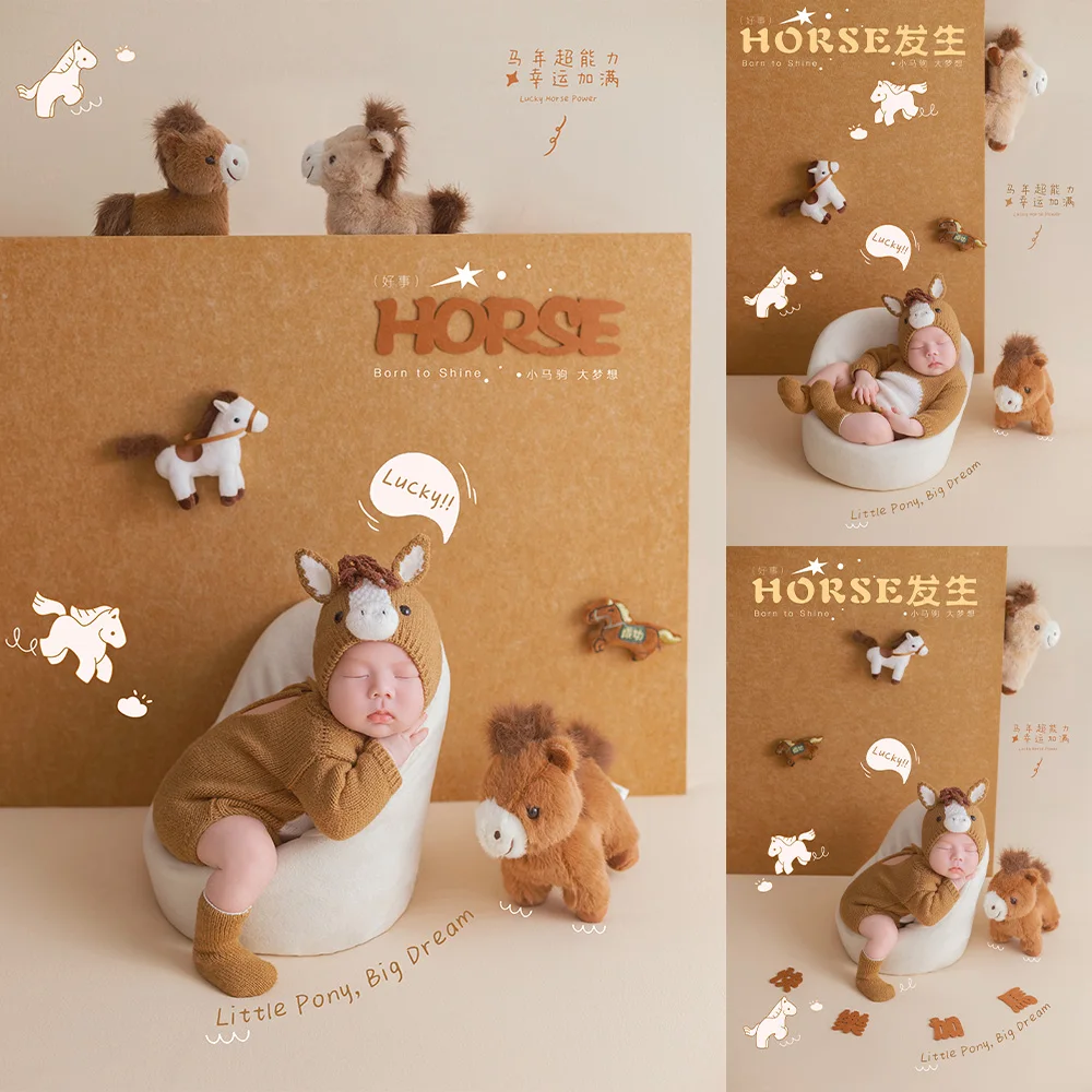 Cute Korean Style Newborn Horse Theme Photography Props Knitted Baby Romper+hat Plush Horse Dolls for Baby Growth Memorial Photo