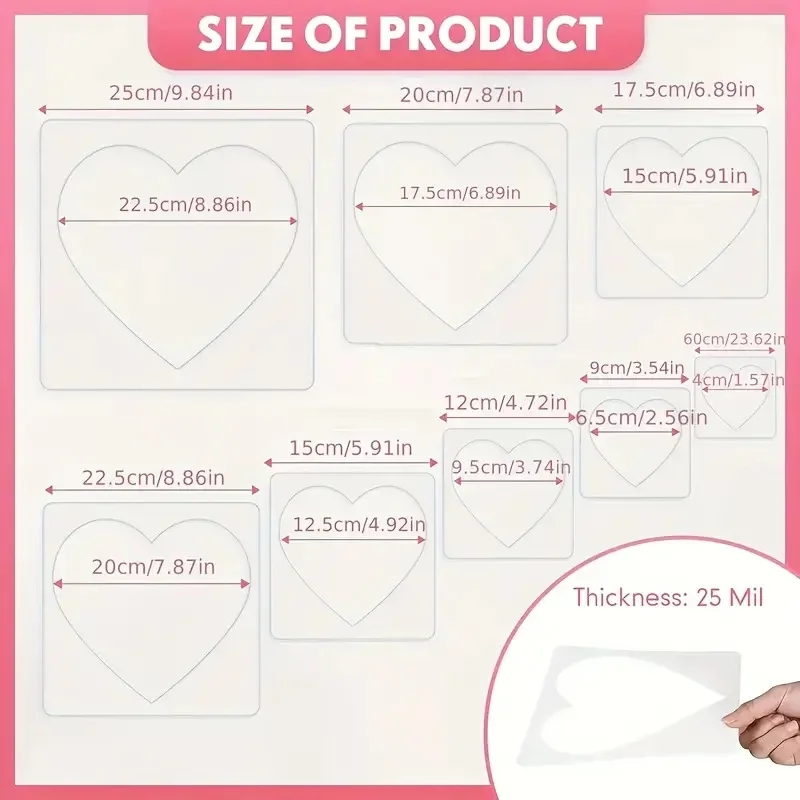 8PCS Heart Shape Stencil Set Reusable Painting Templates for DIY Wall Canvas Card Decoration (1.57–9.84 inch)